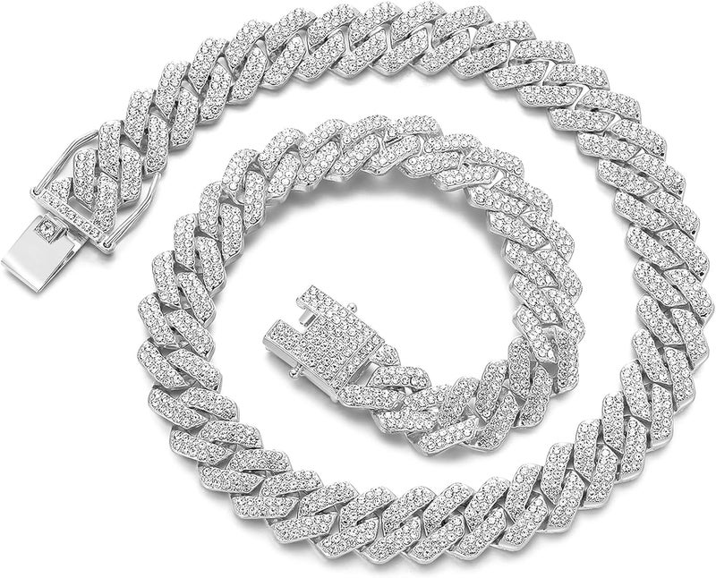JUNVirtuous Cuban Link Chain Mens Iced Out Miami Cuban Necklace Silver/Gold Bling Diamond Hip Hop Jewelry for Women - Image 1